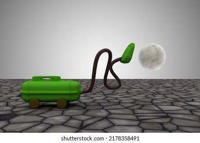 Vacuum Cleaner Sucks Moon. It Take It All Or Clean Up The Mistakes Or All Clear Or Make The Mess Disappear Concept. 3D Illustration