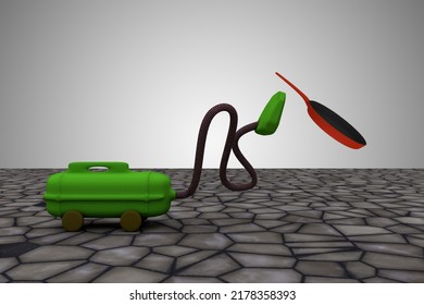 Vacuum Cleaner Sucks Pan. It Take It All Or Clean Up The Mistakes Or All Clear Or Make The Mess Disappear Concept. 3D Illustration