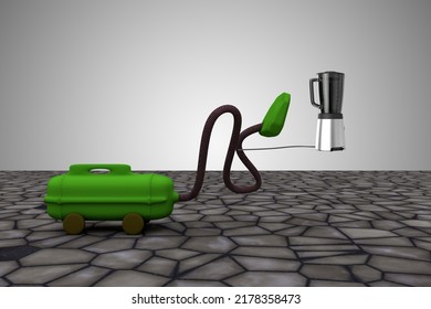 Vacuum Cleaner Sucks Pan. It Take It All Or Clean Up The Mistakes Or All Clear Or Make The Mess Disappear Concept. 3D Illustration