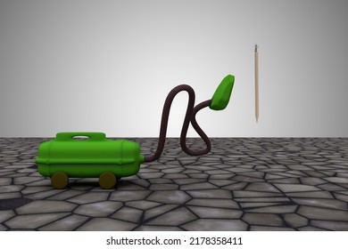 Vacuum Cleaner Sucks Pencil. It Take It All Or Clean Up The Mistakes Or All Clear Or Make The Mess Disappear Concept. 3D Illustration