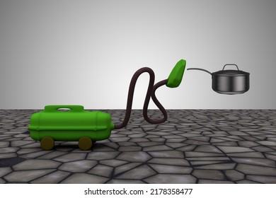 Vacuum Cleaner Sucks Pot. It Take It All Or Clean Up The Mistakes Or All Clear Or Make The Mess Disappear Concept. 3D Illustration