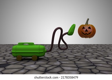 Vacuum Cleaner Sucks Pumpkin. It Take It All Or Clean Up The Mistakes Or All Clear Or Make The Mess Disappear Concept. 3D Illustration