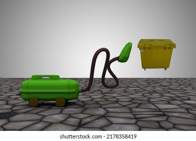 Vacuum Cleaner Sucks Trash. It Take It All Or Clean Up The Mistakes Or All Clear Or Make The Mess Disappear Concept. 3D Illustration