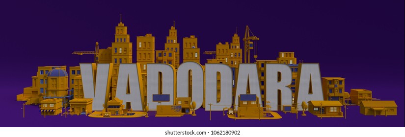 Vadodara lettering name, illustration 3d rendering city with buildings 
