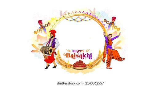 Vaisakhi or Baisakhi festival Creative template Design.Punjabi sikh family doing bhangra dance and harvest background