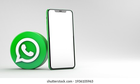 Valencia, Spain - March, 2021: WhatsApp icon with mobile phone mockup isolated on a white background in 3D rendering. WhatsApp is an online social media network. Social media messaging app