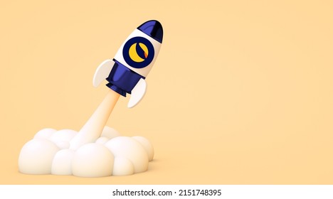 Valencia, Spain - May, 2022: Terra to the moon, bullish altcoin LUNA cryptocurrency. Terra token crypto currency logo in a rocket with copy space background in 3D rendering. Blockchain defi concept