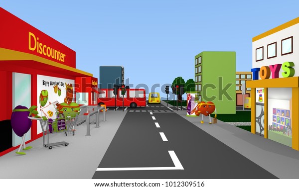 Valentin City:\
City view with discount store, fast food, toy store, bus, streets,\
houses and hearts. 3d\
rendering