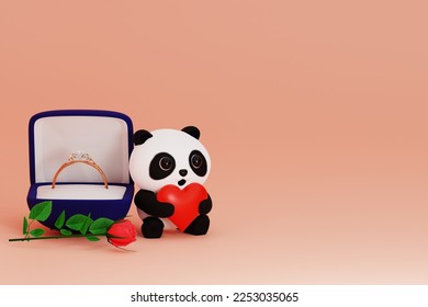 Valentine Background with cute panda holding a heart with diamond ring in blue box 3d - Powered by Shutterstock