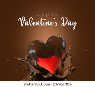 Valentine day and chocolate splash in love. splash chocolate background, chocolate heart,3D heart