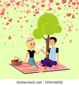 Valentine day girl and boy sitting on map drinking champagne. Romantic spending time near tree, couple drinking. Festive card decorated with hearts raster - Powered by Shutterstock