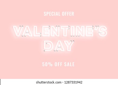 Valentine Day Sale Pink Neon Electric Letters Illustration. Concept Of Advertising For Seasonal Offer With Glowing Neon Text.