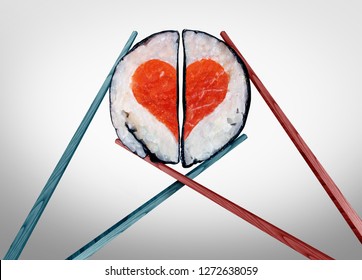 Valentine Dinner For Two As A Saint Valentines Celebration Of Love With Food As Chopsticks Coming Together Joining As A Romantic Couple With Sushi Shaped As A Heart With 3D Illustration Elements.