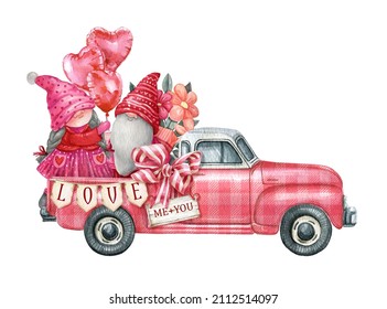 Valentine gnome couple pink truck, Watercolor Valentine's Day, heart balloons, love wedding car graphics. Loads of love postcard - Powered by Shutterstock