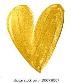 Valentine Heart Gold Paint Brush On White Background. Golden Watercolor Painting Of Heart Shape For Love Concept Design. Valentine's Day Card Heart Template