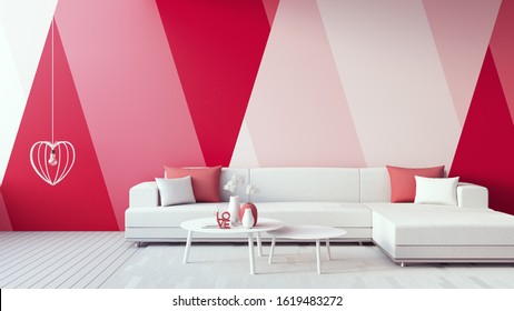 Valentine Interior - Pink Red Rose Magenta Blush Color Living Room / 3D Render Interior