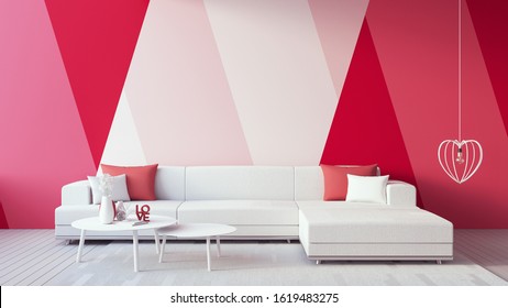 Valentine Interior - Pink Red Rose Magenta Blush Color Living Room / 3D Render Interior