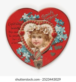 Valentine - Mechanical - Heart opens to reveal Cupid (1875). Red heart frame with a young blond child portrait. Vintage girl child art drawing illustration, old painting art print of a girl in heart. - Powered by Shutterstock