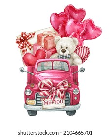 Valentine pink truck with teddy bear,letters,gift box. Watercolor Valentine's Day car, heart balloons, love wedding car graphics. Loads of love postcard