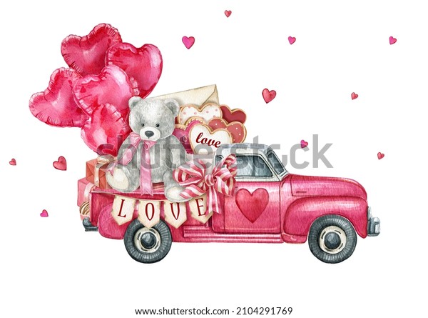Valentine pink truck with teddy\
bear,letters,gift box. Watercolor Valentine\'s Day car, heart\
balloons, love wedding car graphics. Loads of love\
postcard