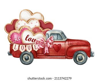 Valentine red truck with a heart shape sweet cookies. Watercolor Valentine's Day car, love wedding car graphics. Loads of love postcard - Powered by Shutterstock