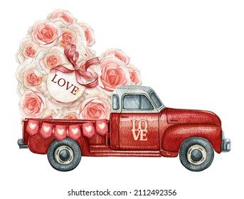 Valentine red truck.Watercolor Valentine's Day car, rose heart bouquet, love wedding car graphics. Loads of love postcard
