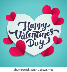 Valentine s Day greeting card. 14th of february. Happy Valentines Day Lettering with cut paper hearts on blue background. abstract background. illustration.
