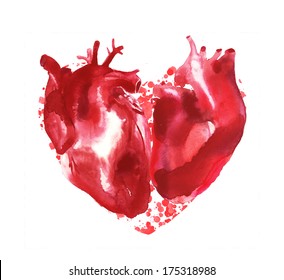 Valentine With Two Human Hearts Watercolor Illustration