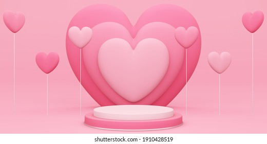 Valentine's day, 3D illustration of round podium or pedestal with red empty studio room, product background with heart overlap behind and heart shaped balloon floating, mockup for love concept display