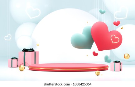 Valentine's day abstract background with red hearts and podium showcase for product presentation. February 14, love. Romantic wedding greeting card. Women's, Mother's day. 3d rendering. - Powered by Shutterstock