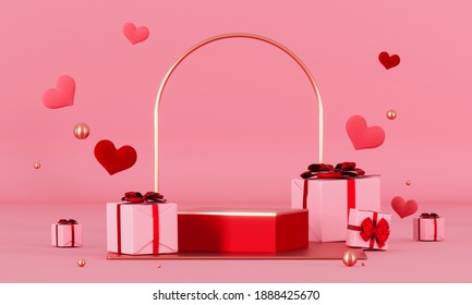 Valentine's day abstract background with red hearts and podium showcase for product presentation. February 14, love. Romantic wedding greeting card. Women's, Mother's day. 3d rendering. - Powered by Shutterstock