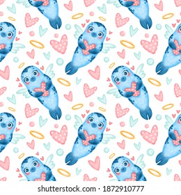 Valentine's day animals seamless pattern. Cute cartoon seal cupid seamless pattern. - Powered by Shutterstock