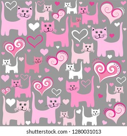 Valentines day background. Celebration grey background with Cats and hearts. Seamless wrapping paper.  illustration. - Powered by Shutterstock