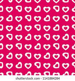 Valentines day background. Raster seamless pattern with beige rotated hollow hearts on red backdrop. Abstract geometric texture, repeat tiles. Love romantic theme. Design for decoration, gift paper