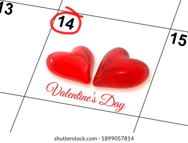 Valentines Day Calendar Hearts Couple Red 2 Valentines Day In Cirlce Isolated Love   - 3d Rendering