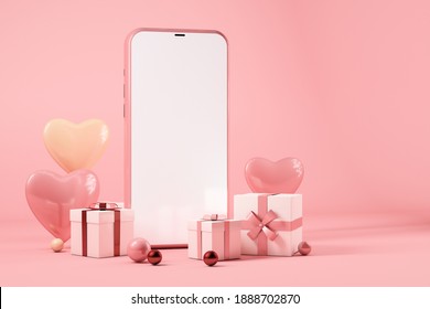 Valentines Day Concept, Mobile Phone With Gift Boxes And Hearts. 3d Rendering