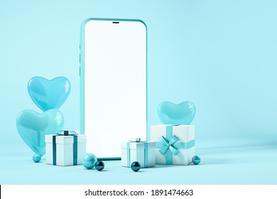 Valentines Day Concept, Mobile Phone With Gift Boxes And Hearts, Blue Tones. 3d Rendering