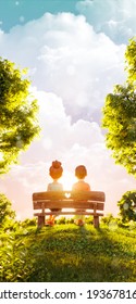 Valentines Day Concept. Unusual 3d Illustration Of A Couple In Love Sitting On Bench In Park At Sunset.