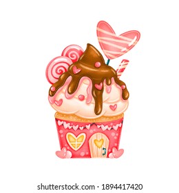 Valentine's day cute candy house illustration isolated on white background. Valentine's day love cupcake. - Powered by Shutterstock