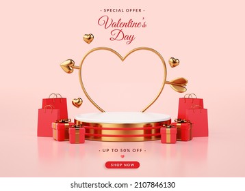 Valentines Day Discount Banner With Pedestal Platform For Promotional Marketing In 3D Rendering. Red And Gold Podium For Product Display And Discount Flyer Background With Valentine’s Concept