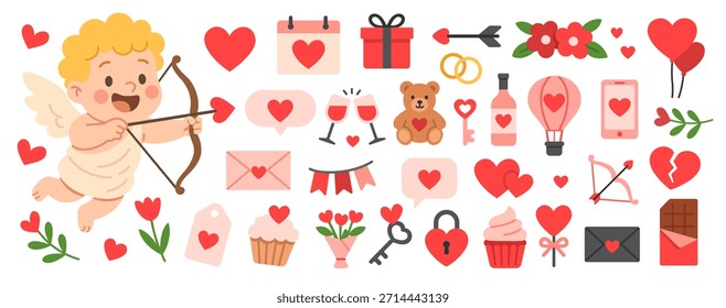 Valentines day elements illustrations set. Cute cartoon clipart for day of lovers.