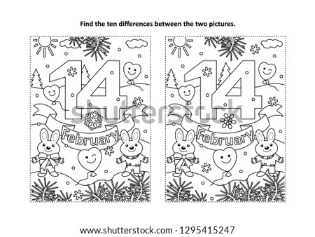 Valentine's Day find the ten differences picture puzzle and coloring page with 14 February text, cute bunnies, balloons