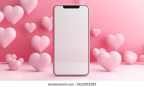 Valentine's Day illustration with a cell phone in a pink themed environment full of pink hearts, Romance design	 - Powered by Shutterstock