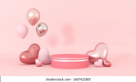 Valentine's Day interior with gold platform, hearts, balloons. Stand, podium, pedestal for goods, shop windows and magazines. Love greeting card, poster with pink gift boxes, presents - 3D, render. 