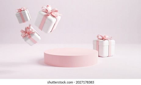 Valentine's Day interior with gold platform, balloons. Stand, podium, pedestal for goods, shop windows and magazines. Love greeting card, poster with pink gift boxes, presents - 3D, render.