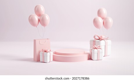 Valentine's Day interior with gold platform, balloons. Stand, podium, pedestal for goods, shop windows and magazines. Love greeting card, poster with pink gift boxes, presents - 3D, render. - Powered by Shutterstock