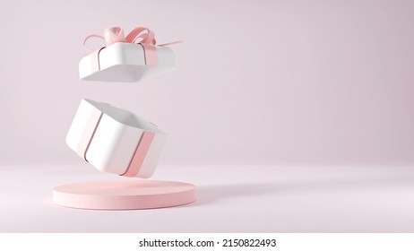 Valentine's Day interior with gold platform, balloons. Stand, podium, pedestal for goods, shop windows and magazines. Love greeting card, poster with pink gift boxes, presents - 3D, render. - Powered by Shutterstock