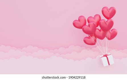 Valentine's day, love concept background, 3D illustration of red heart shaped balloons bouquet with gift box floating in the sky with paper cloud - Powered by Shutterstock