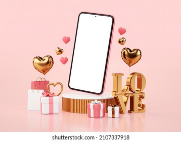 Valentines Day Phone Screen Mockup For Banner Background In 3D Rendering. Blank Smartphone Template For Presentation With Valentine’s Concept. Pink And Gold Hearts And Gifts
