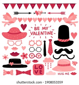 Valentines day photo booth props. Pink love wedding scrapbook elements, lips and mustaches. Glasses, tie and red heart selfie quotes